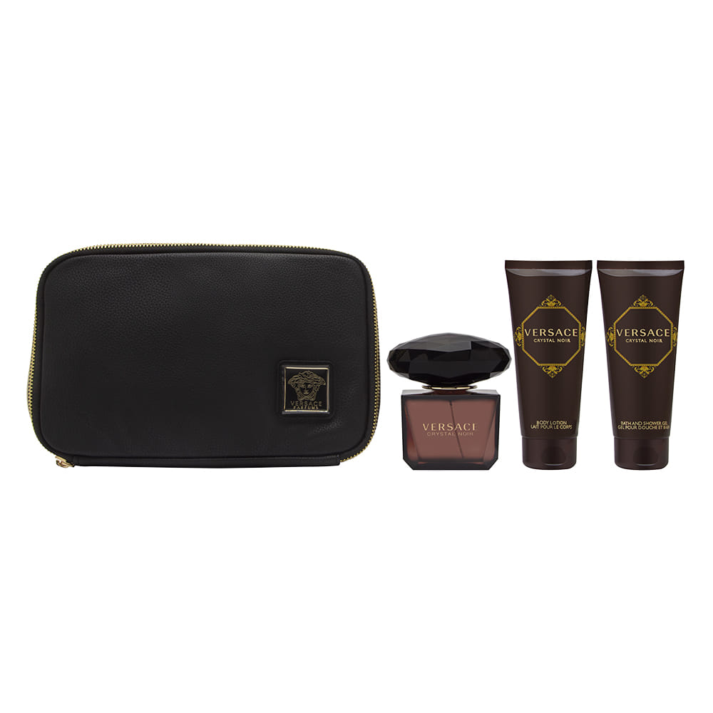 Versace Crystal Noir by Versace for Women 4 Piece Set Includes: 3.3 oz Eau de Toilette Spray + 3.4 oz Body Lotion + 3.4 oz Bath and Shower Gel  + Travel Beauty Bag